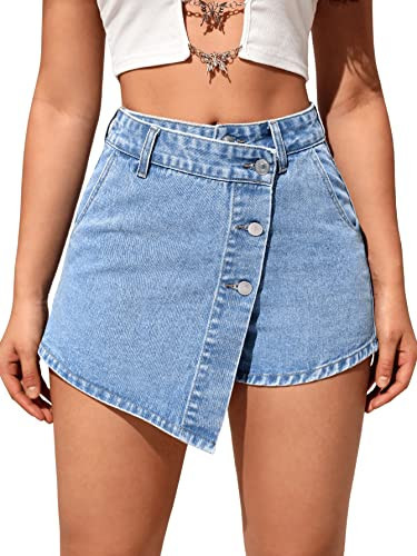 SweatyRocks Women's Casual High Waisted Button Front Jean Shorts Denim Wrap Skort Skirt with Pocket Light Wash Tall S | Amazon (US)