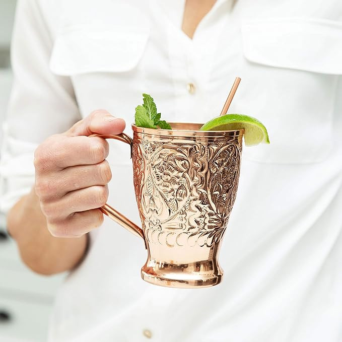 Moscow Mule Pure Copper Cups - Embossed Set of 4 Copper Mugs - 4 Straws/Stir Sticks - 20 Recipe E... | Amazon (US)
