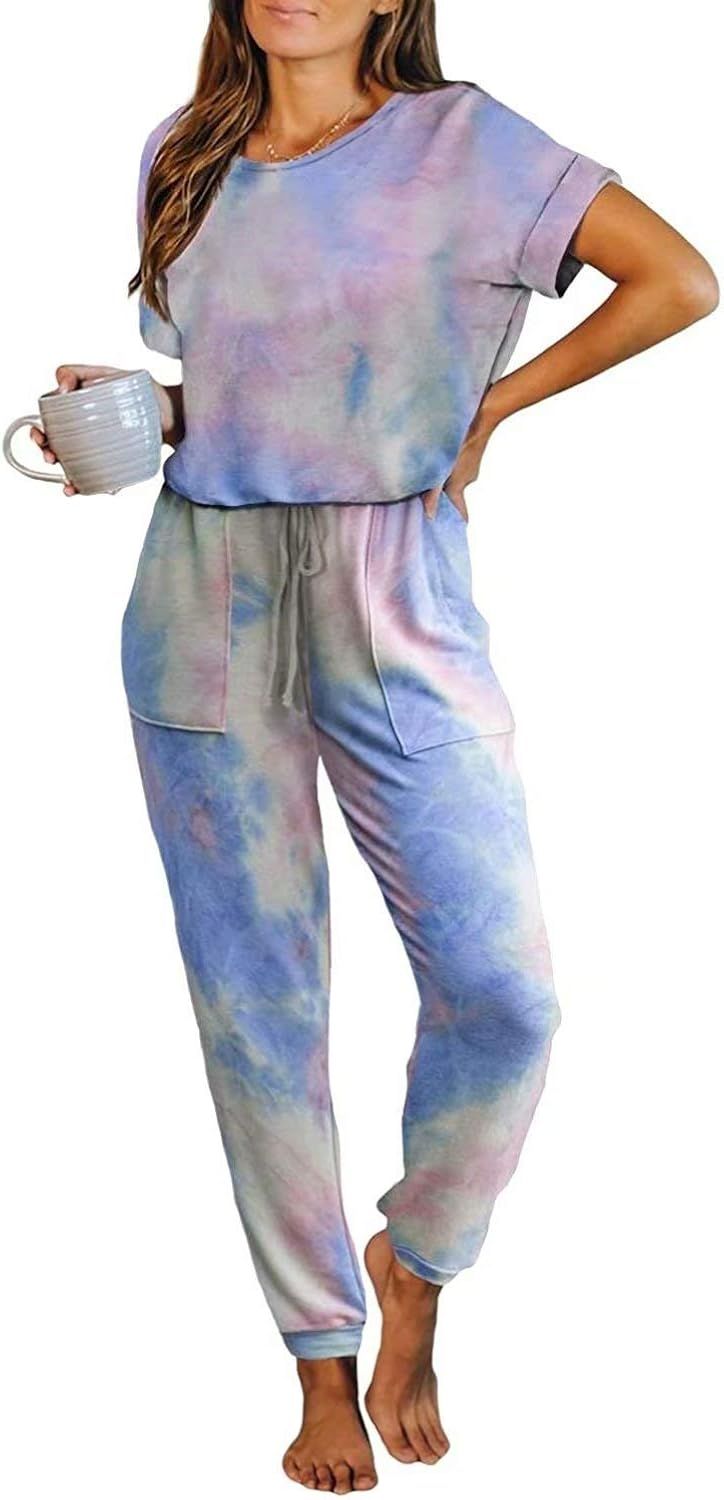 LACOZY Womens Tie Dye Printed Long Pajamas Set Keyhole Short Sleeve PJ Sets Jumpsuit Loungewear N... | Amazon (US)
