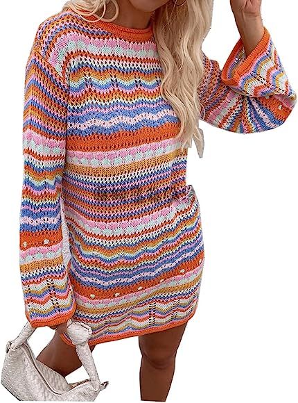 Rainbow Striped Long Sleeve Loose Crochet Striped Hollow Out Mini Casual Sweater Dress Women Sweater | Amazon (US)