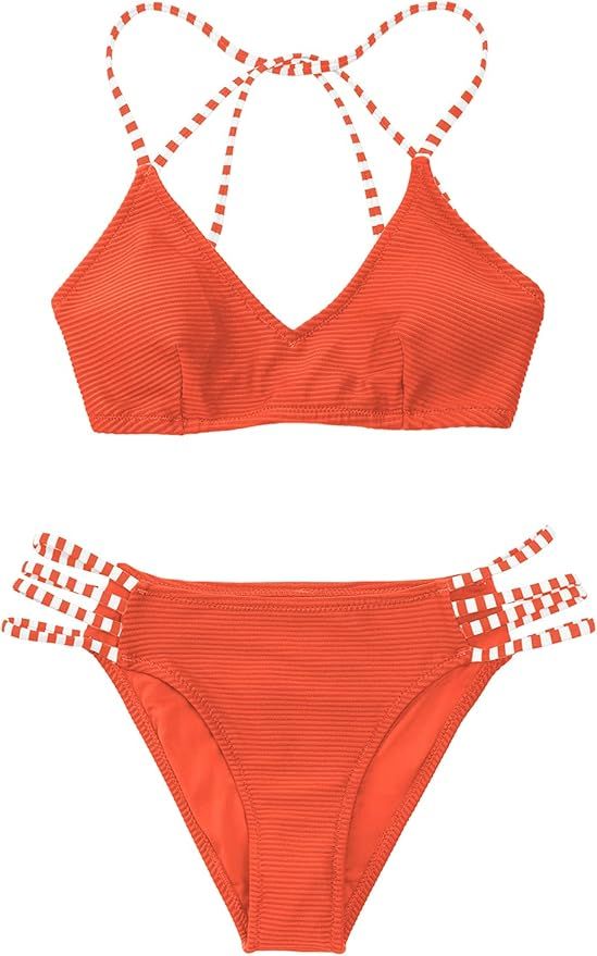CUPSHE Women's Ribbed Strappy Self Tie Low Waist Bikini Set | Amazon (US)