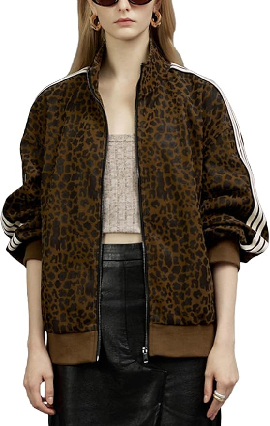 Women Leopard Print Striped Jacket Zip Up Lightweight Coat Casual Long Sleeve Outerwear | Amazon (US)