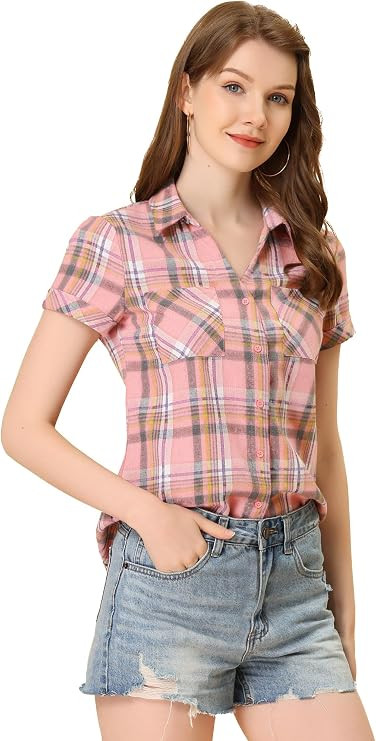 Allegra K Women's Plaid Shirts Cotton Short Sleeve Classic Button Down Western Shirt | Amazon (US)