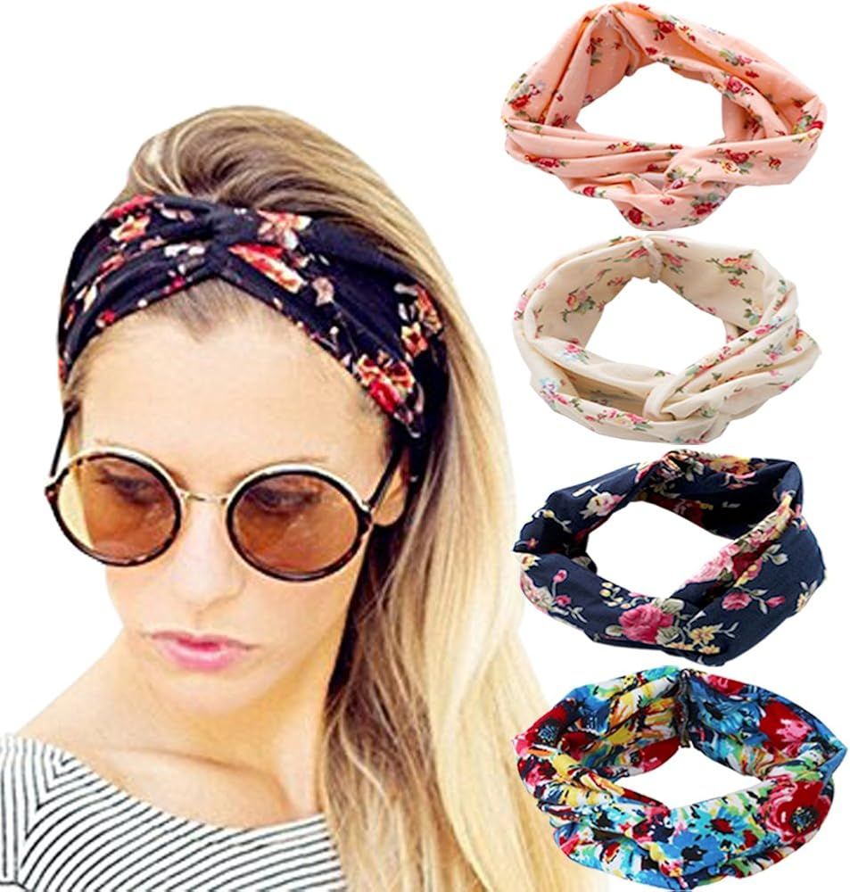DRESHOW 4 Pack Turban Headbands for Women Hair Vintage Flower Printed Cross Elastic Head Wrap | Amazon (US)