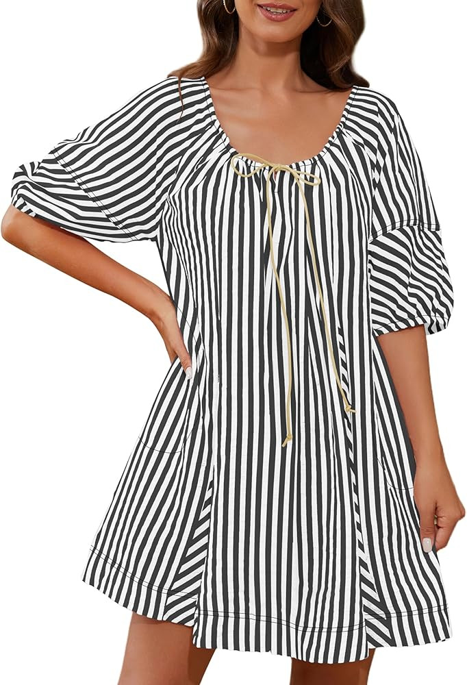 Women Summer Mini Dress Casual Striped Puff Sleeve Scoop Neck Keyhole Back 2024 Beach Swing Dress... | Amazon (US)