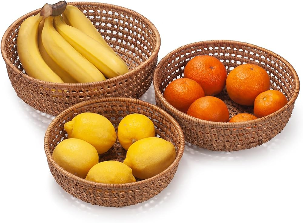YANGQIHOME Rattan Bread Bakets for Serving, Wicker Round Fruit Basket, Handwoven Storage Serving ... | Amazon (US)