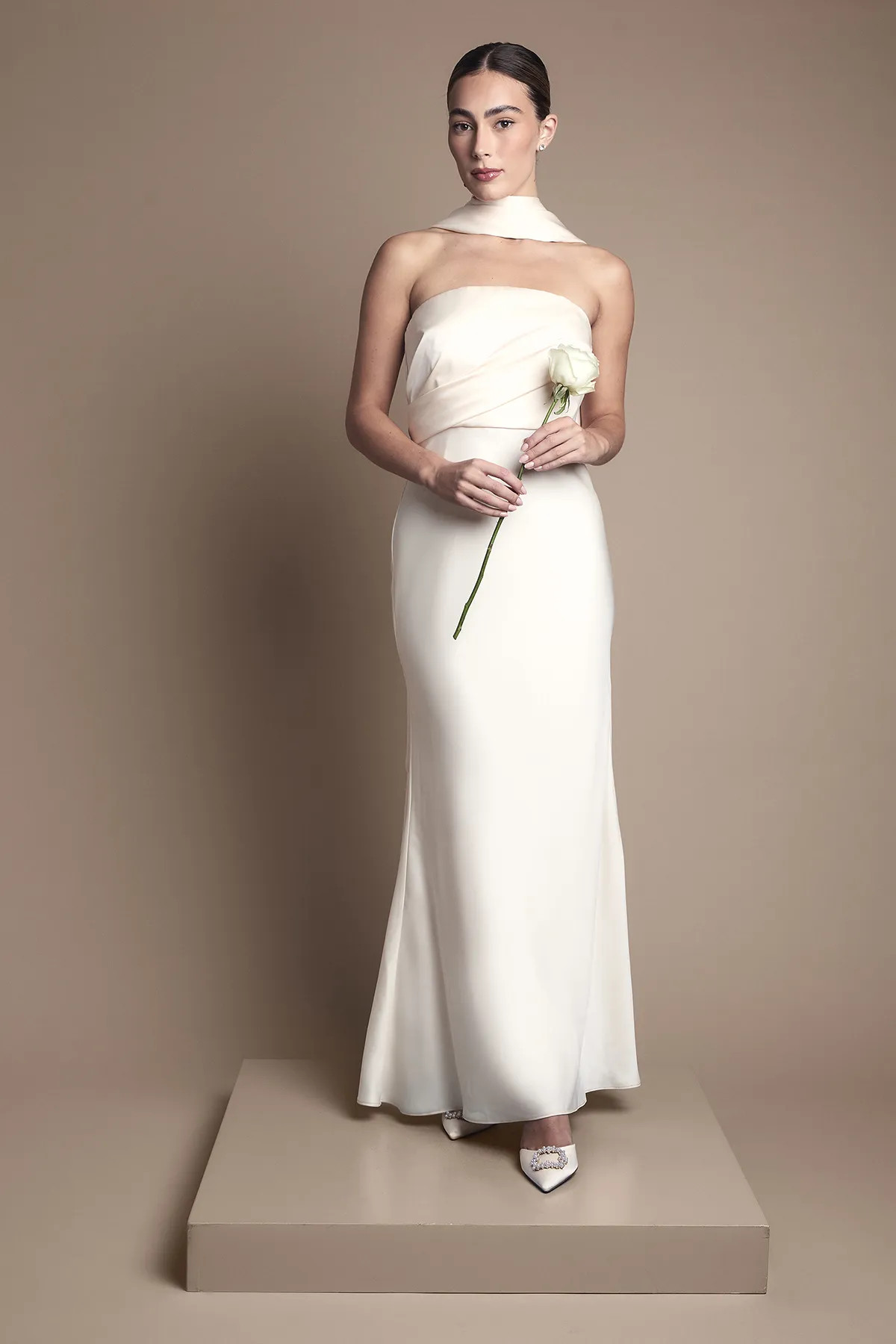 Ivory Coast Satin Fishtail Wedding Dress with Drape Scarf | Karen Millen USA | Karen Millen