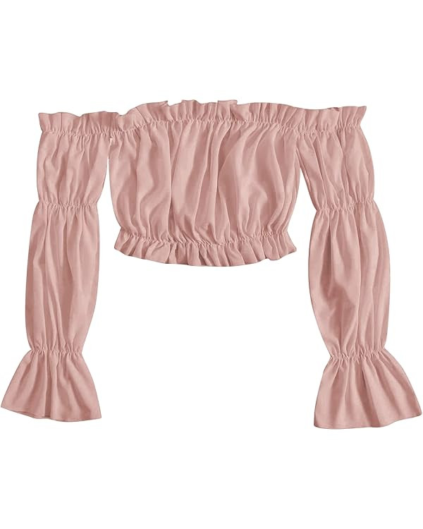 Verdusa Women's Off Shoulder Crop Top Ruffle Flounce Long Sleeve Shirt Casual Ruched Blouse | Amazon (US)