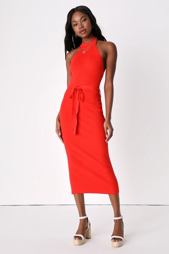 Flirty Sunshine Red Ribbed Halter Midi Sweater Dress | Lulus (US)