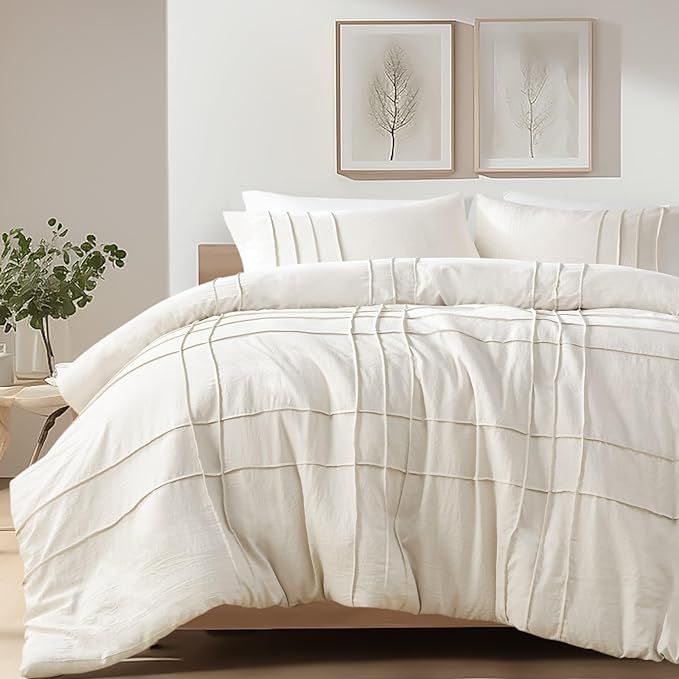 Hyde Lane Beige Neutral Comforter Set, 3 Pieces Queen Pinch Pleat Bedding Set, Full Size Farmhous... | Amazon (US)