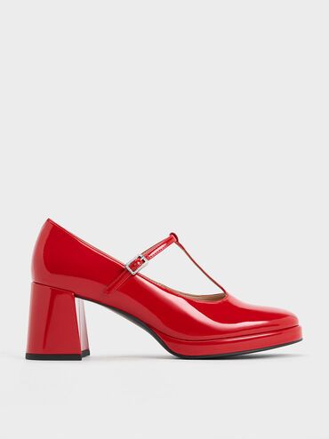 Crystal-Buckle T-Bar Mary Jane Pumps
 - Red | Charles & Keith US
