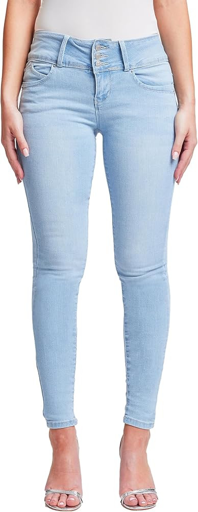 YMI Womens Wannabettabutt 3 Button Mid-Rise Skinny Jean Made with Recycled Fibers | Amazon (US)