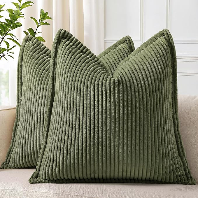 decorUhome Fall Corduroy Olive Green Throw Pillow Covers 18x18 Set of 2 | Amazon (US)
