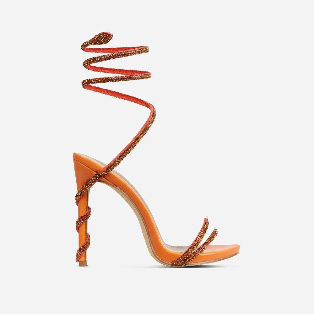 Magda Diamante Detail Wrap Around Strap Platform Stiletto Heel In Orange Faux Leather | EGO Shoes (US & Canada)