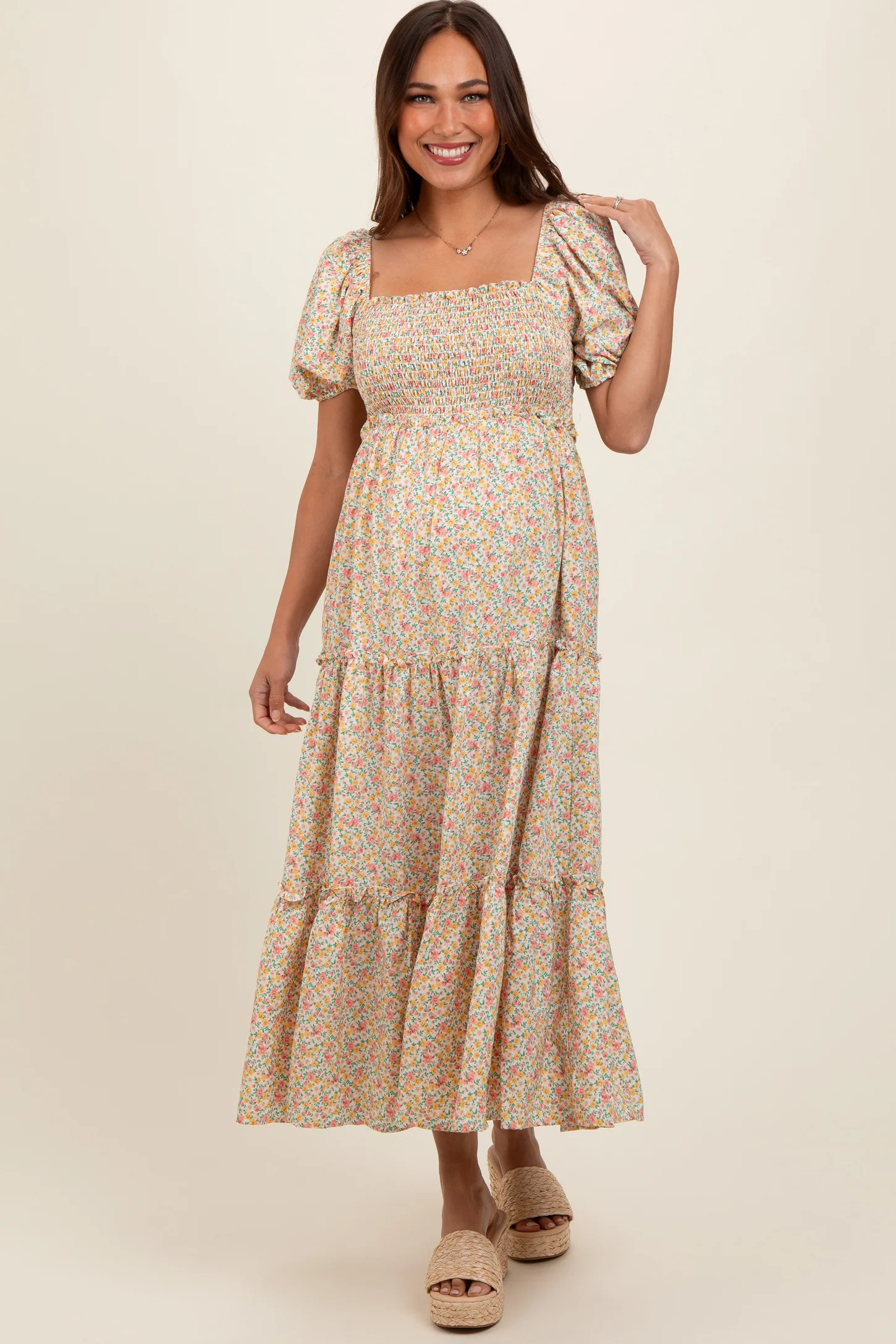 Cream Floral Smocked Tiered Puff Sleeve Maternity Maxi Dress | PinkBlush Maternity