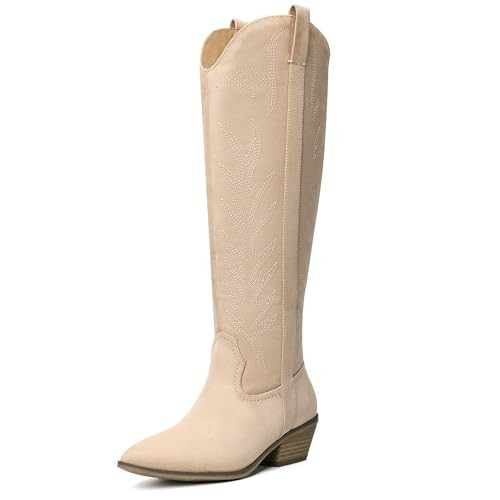 Bigwow Women's Western Cowboy Knee-High Boots Suede Embroidery Pointed Toe Tall Boots Side Zipper Low Chunky Heel Long Boots for Ladies (Beige, 9) | Amazon (US)