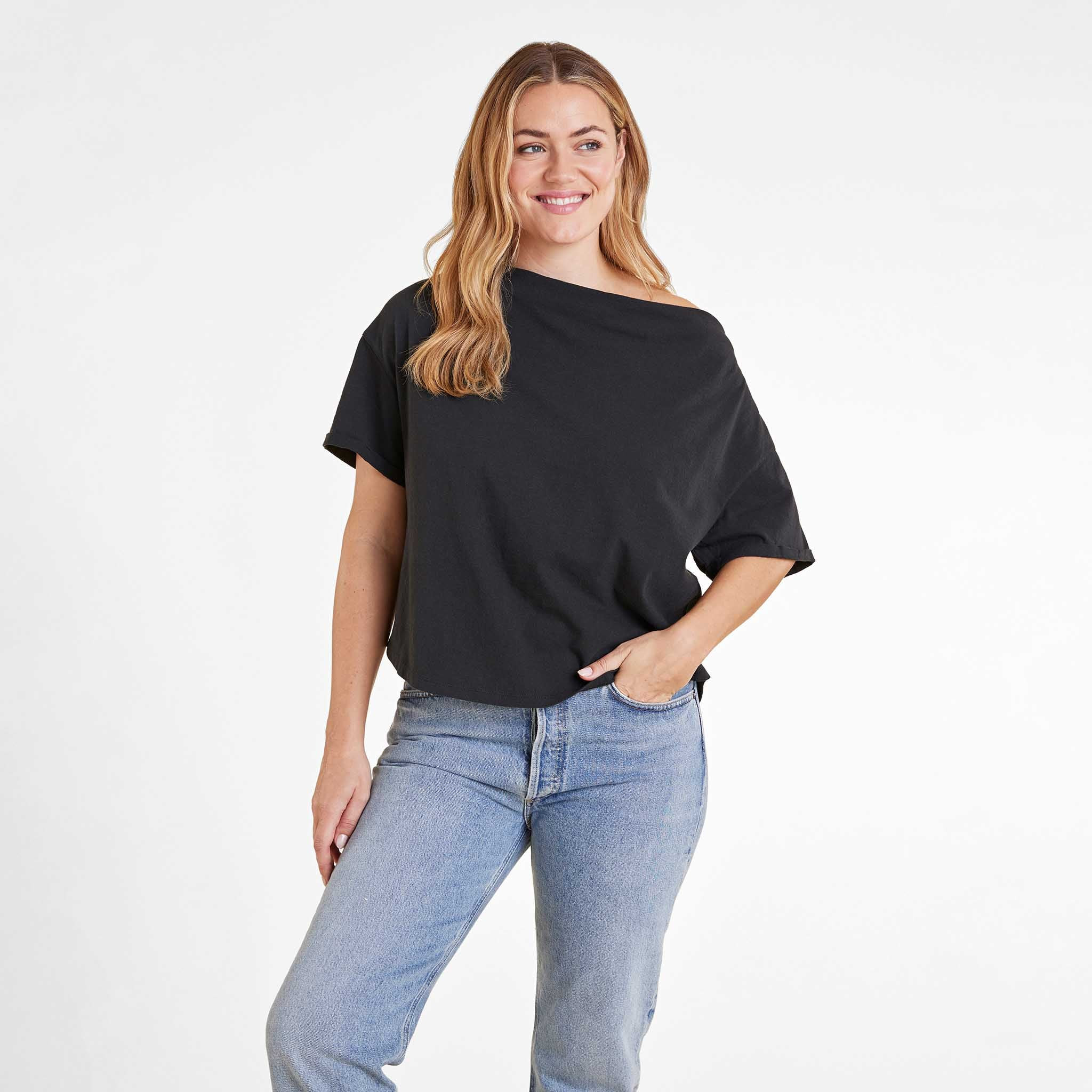 Vintage Cotton Off The Shoulder T-Shirt | Black | Nuuds US