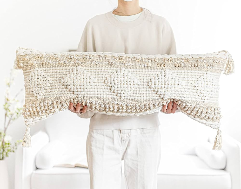 BlissBlush White Cream Lumbar Pillow Cover 14X36, Boho Woven Textured Lumbar Pillow Cover, Neutra... | Amazon (US)