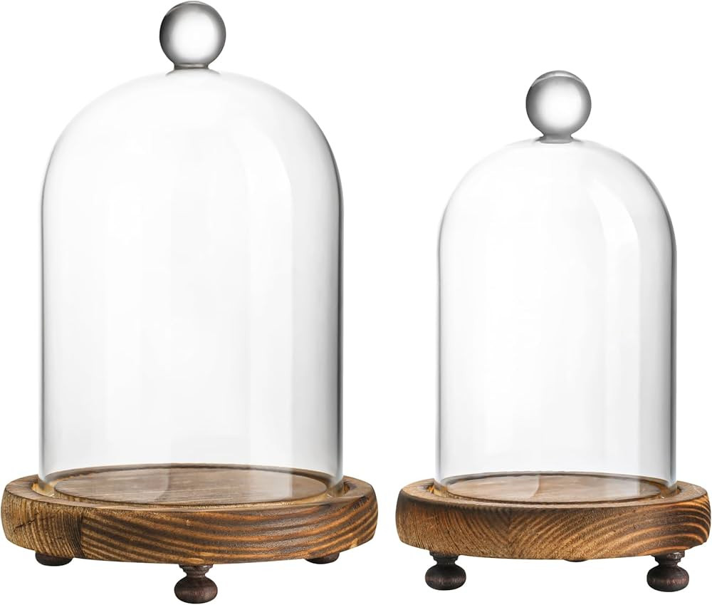 Pack 2 Clear Glass Dome with Wooden Base Glass Display Cloche Bell Shape Dome for Antique Collect... | Amazon (US)