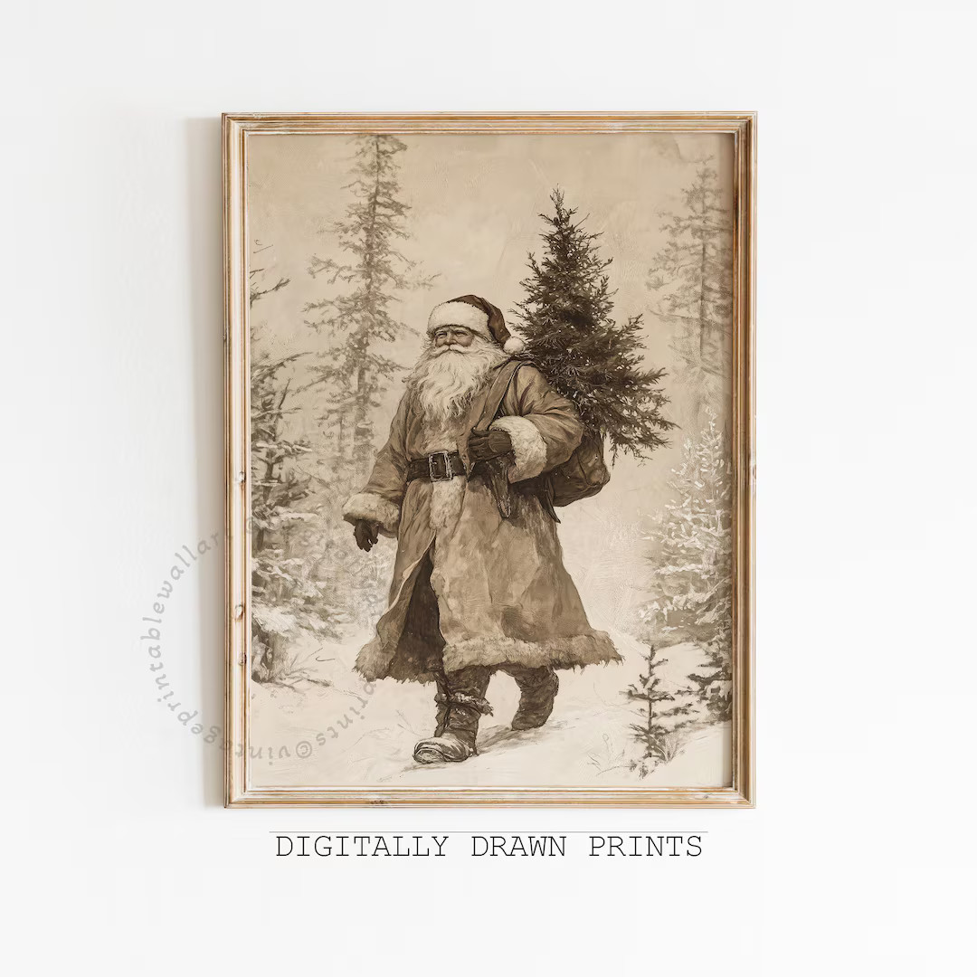 Vintage Christmas Printable Wall Art, Neutral Santa Claus and Christmas Tree Drawing, Cottagecore... | Etsy (US)