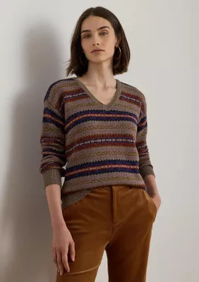 Lauren Ralph Lauren Women's Fair Isle Cotton-Linen V-Neck Sweater, Medium | Belk