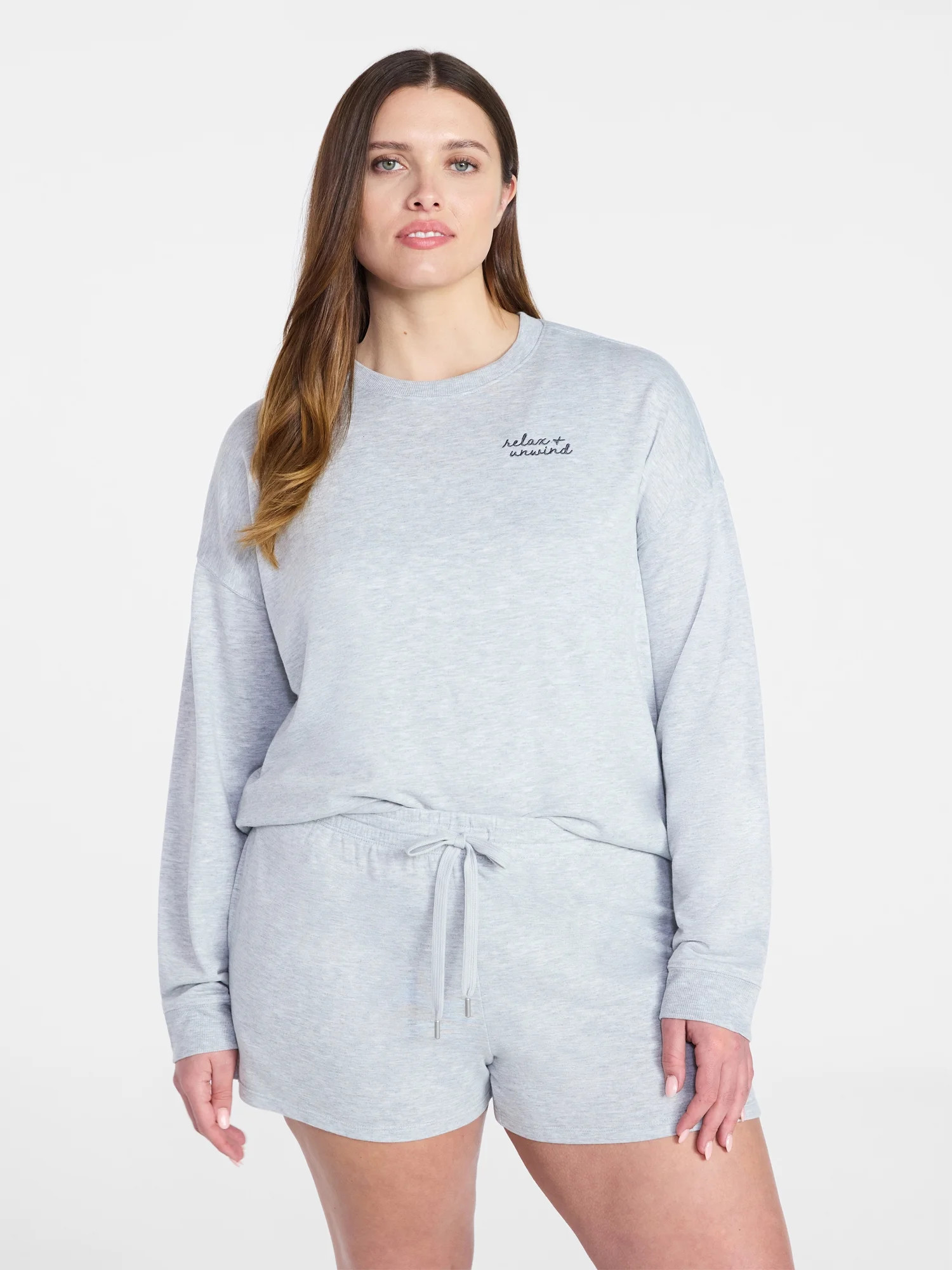 Joyspun Women's French Terry Long Sleeve Top and Shorts Lounge Set, 2-Piece, Sizes XS-3X | Walmart (US)