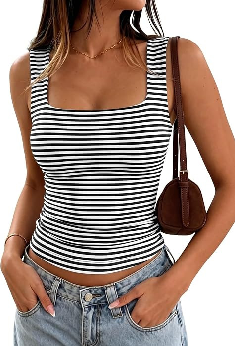 Cioatin Women Y2K Striped Square Neck Strappy Crop Tank Cami Sleeveless Slim Fit Clean Girls Summ... | Amazon (US)