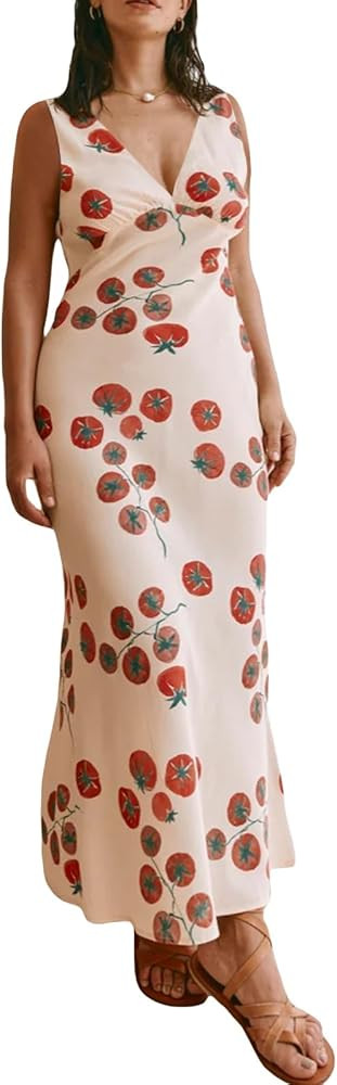 Women Y2k Vintage Printed Maxi Dress Spaghetti Strap Floral Midi Slip Dress Backless Long Flowy S... | Amazon (US)