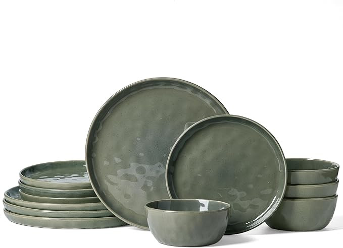 Famiware Mars Plates and Bowls Set, 12 Pieces Dinnerware Sets, Dishes Set for 4, Sage Green | Amazon (US)