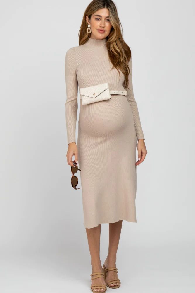 Beige Mock Neck Flared Maternity Midi Dress | PinkBlush Maternity