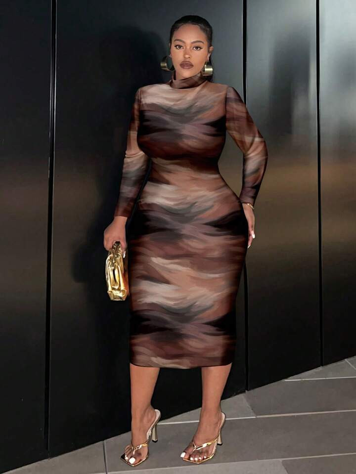 SHEIN Slayr Brushstroke Tie Dye Print Casual Minimalist Plus Size Long Sleeve Round Neck Fitted D... | SHEIN