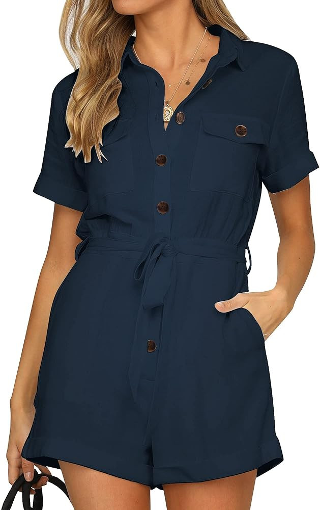 GRAPENT Women's Summer Short Sleeve Button Down Pockets Belted Jumpsuits Rompers | Amazon (US)