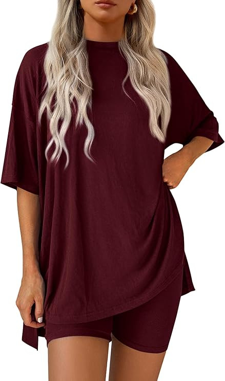 PRETTYGARDEN Women 2 Piece Lounge Set 2026 Summer Casual Oversized Shirts Biker Shorts Matching A... | Amazon (US)