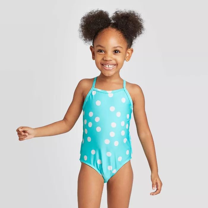 Toddler Girls' Dotted Ruffle Back One Piece Swimsuit - Cat & Jack™ Aqua | Target