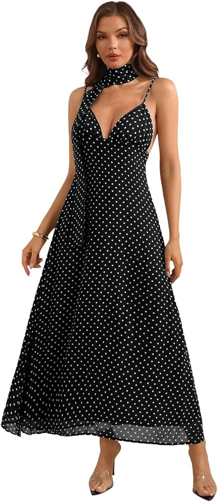 winkbay Women's Polka Dots Tie Backless Dress Deep V Neck Spaghetti Strap Maxi Dresses with Scarf... | Amazon (US)