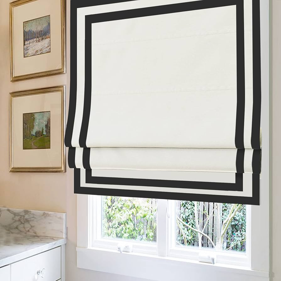 Comodex Cordless Roman Shades with Ribbon Border, White Double Black Trim Blockout Light Filterin... | Amazon (US)