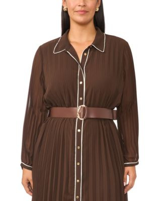 Vince Camuto Plus Size Pleated Button-Up Long Sleeve Midi Dress - Rich Chocolate | Macy's