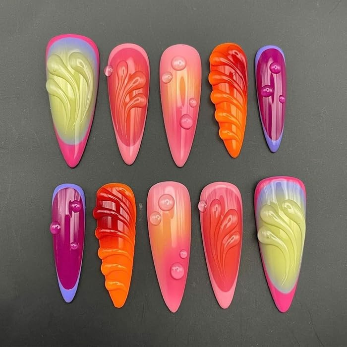 Stiletto Press on Nails Long Gradient Fake Nail 3D Water Drop Acrylic Nail Press ons Stick on Nai... | Amazon (US)