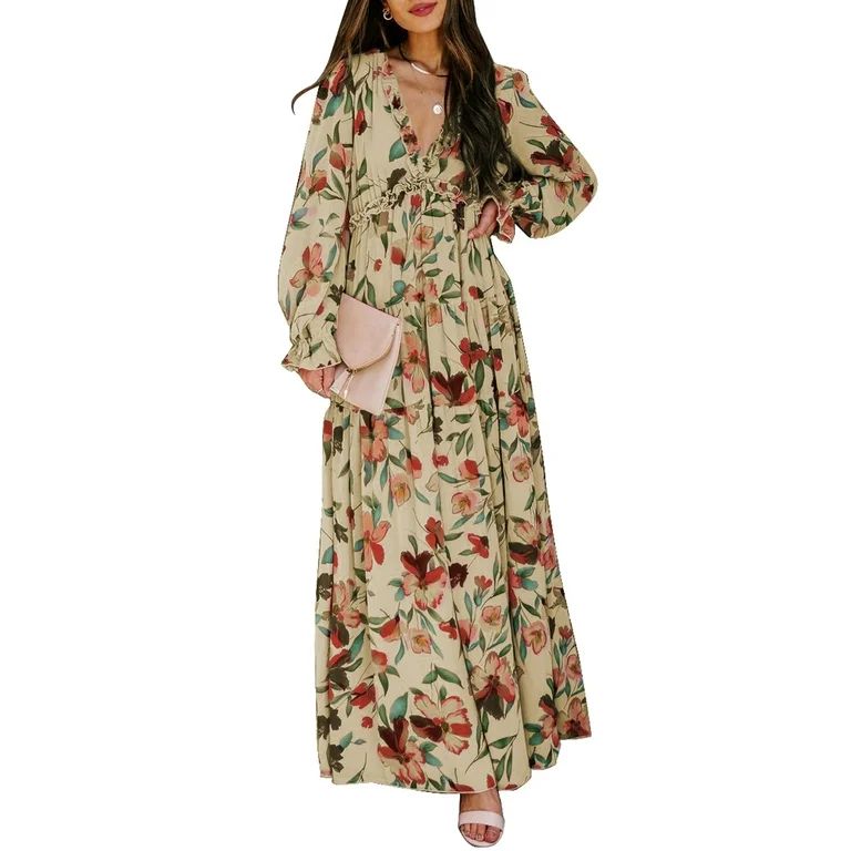 Dokotoo Women's Apricot Floral Maxi Dresses Casual Deep V Neck Long Sleeve Evening Dress Cocktail... | Walmart (US)