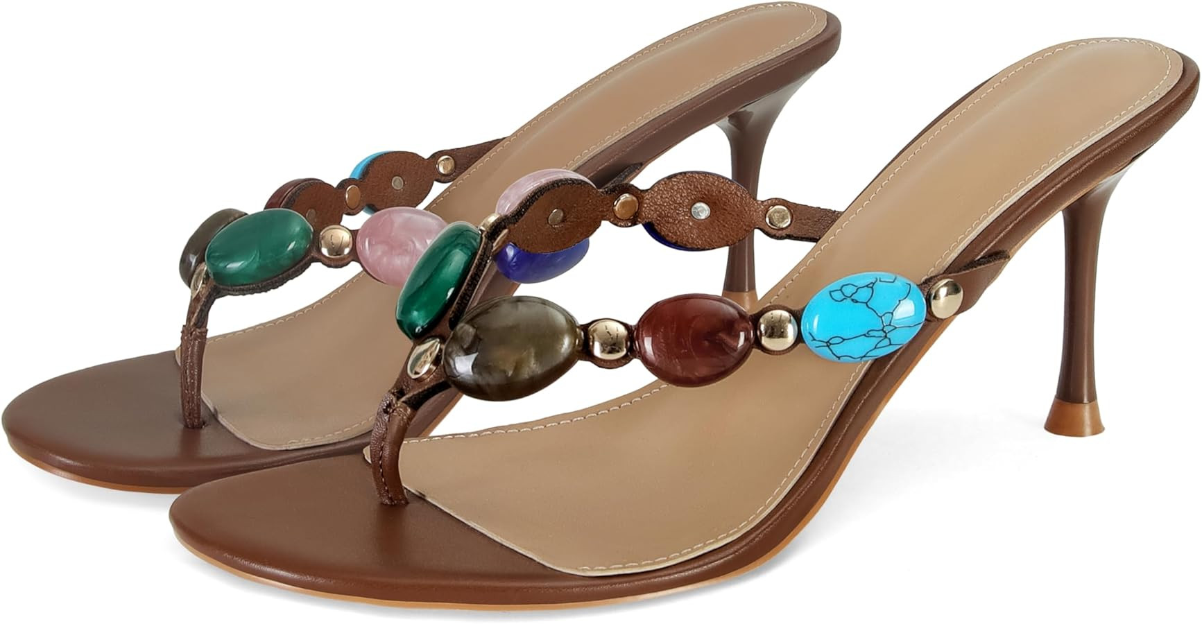Wnshonzy Women's Heeled Sandals Thong Jewelled Black Flip-Flop Kitten Heels Dressy Strappy Summer... | Amazon (US)
