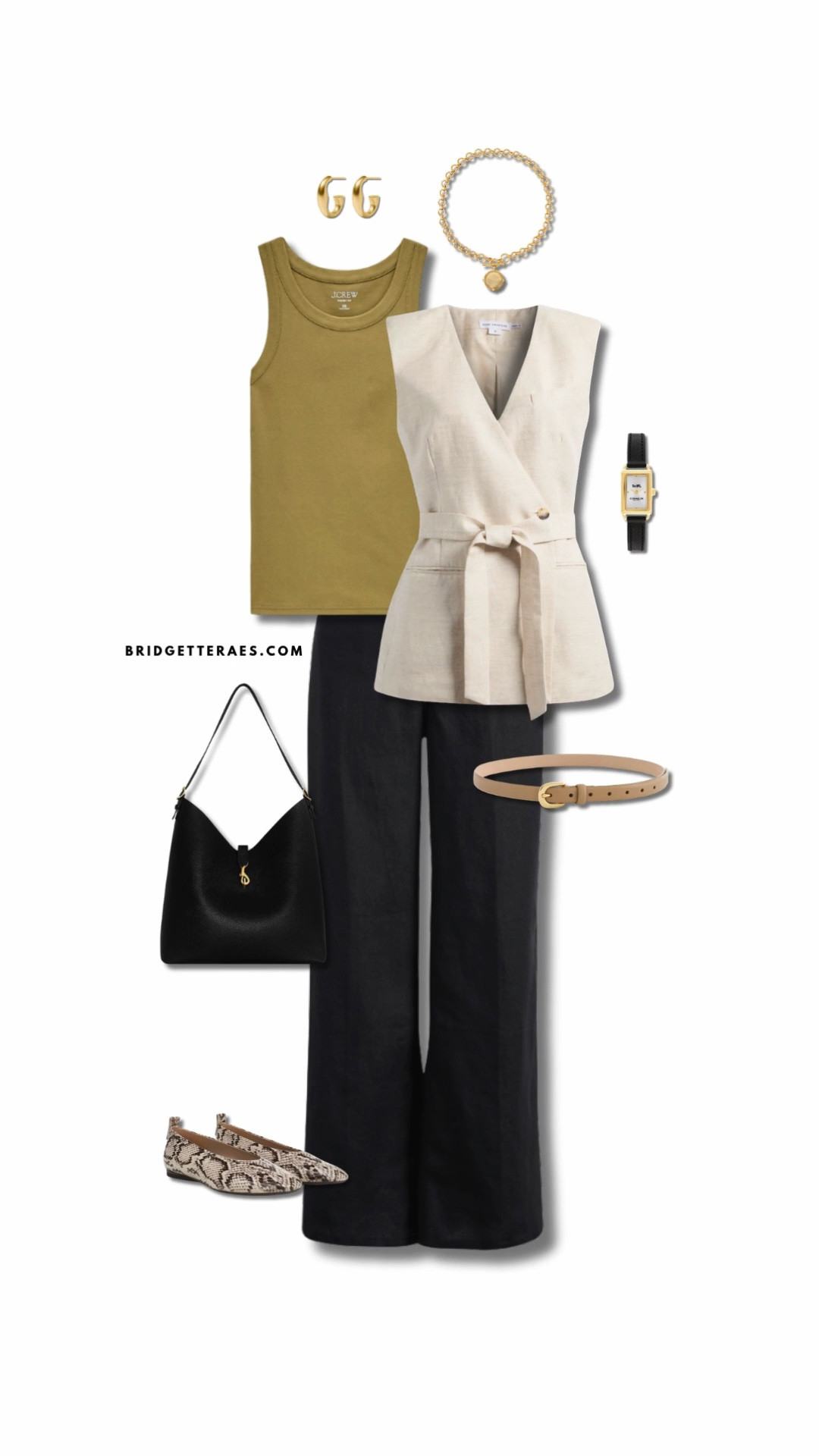 The structured wrap vest defines the waist and adds polish, while the olive tank softens the look with a grounded, approachable tone. Wide-leg trousers create a strong, elongating silhouette that feels both modern and professional. Classic black accessories keep the palette anchored, while subtle gold jewelry adds warmth and refinement without distraction. The patterned flats introduce just a touch of personality, making this look feel intentional and elevated—perfect for leading with both confidence and ease.

#LTKWorkwear #LTKootd #LTKOver40