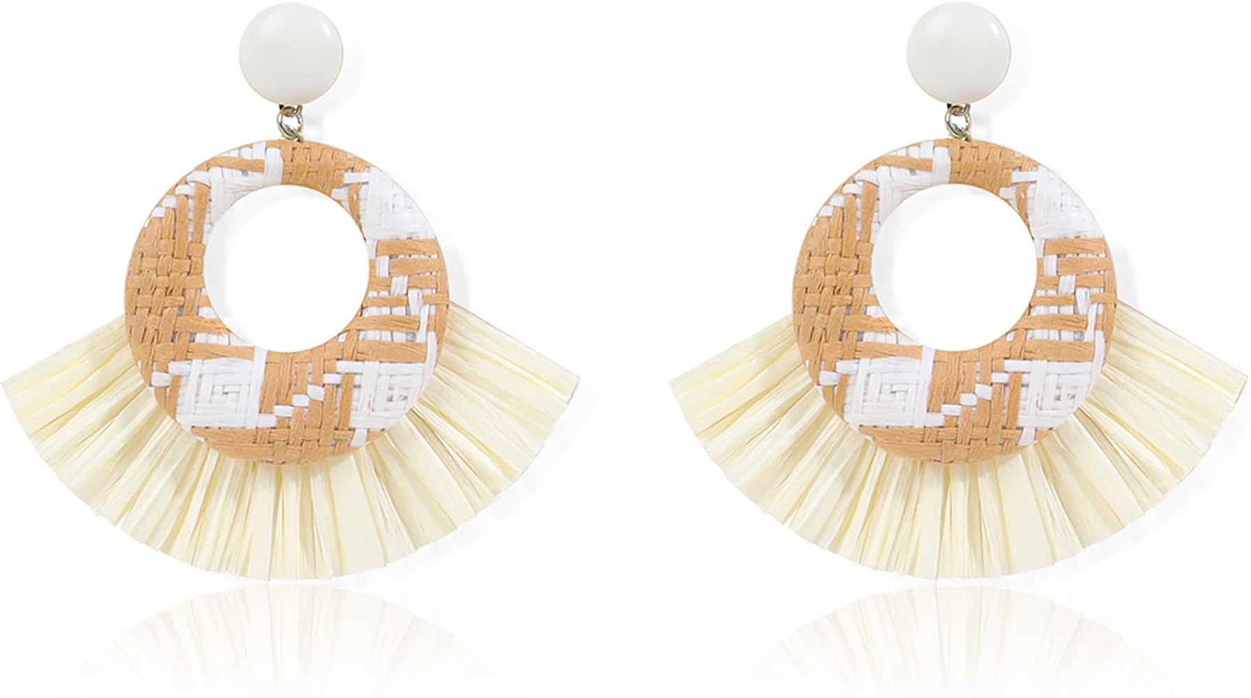 HUASAI Raffia Earrings for Women Rattan Earrings Boho Statement Hoop Earrings for Teen Girls | Amazon (US)
