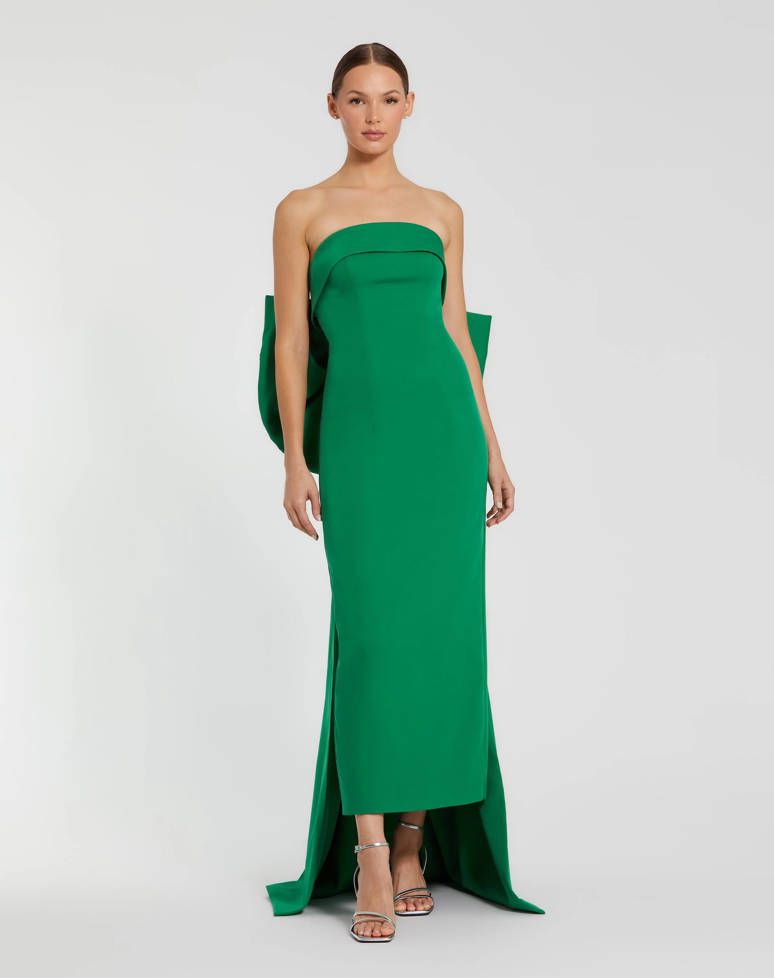 Green Strapless Crepe Sheath Dress with Bow | Mac Duggal | Mac Duggal