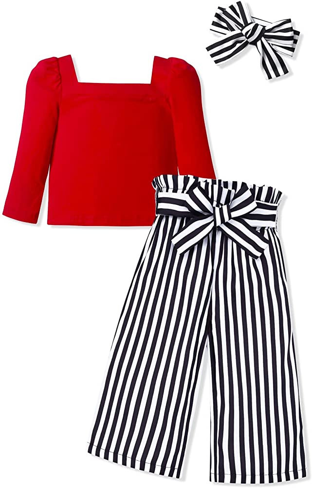 Ribabz Toddler Girl Clothes, Toddler Outfit Square Neck Puff Long Sleeve Top + Striped Pants + He... | Amazon (US)