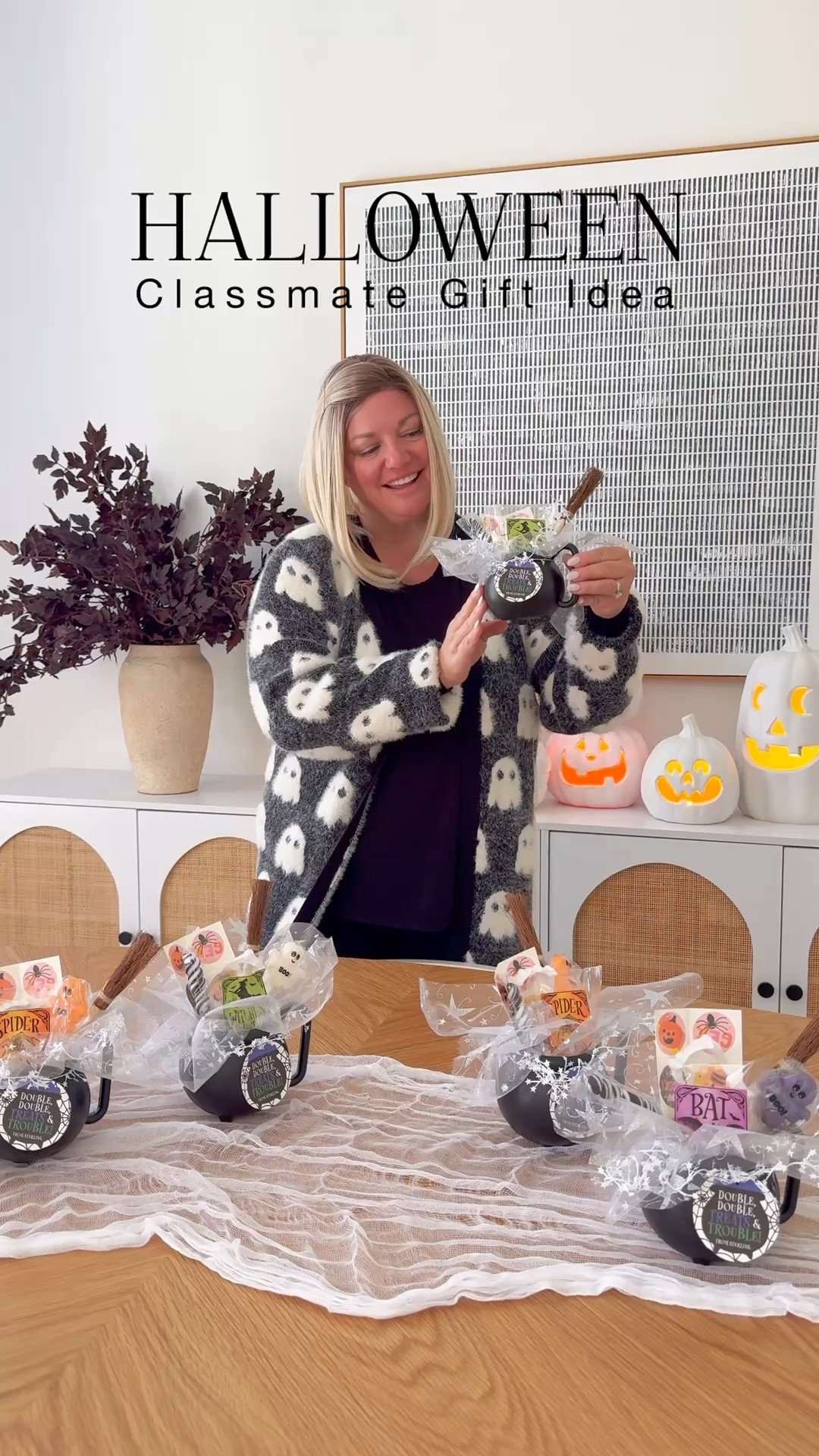 Halloween Classmate Gift 

I stuffed a piece of glittery star cloth into cauldron cups & filled them with Halloween treats, temp tattoos & broom pens & small gifts.  Then I tied on a wire star garland and attached a gift tag. 🧹✨ 

#LTKKids #LTKSeasonal #LTKFamily