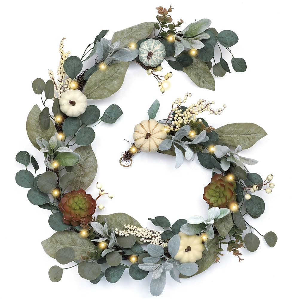 Valery Madelyn Fall Garland for Mantel, 6 Feet Hanging Pumpkins Garlands with Light Eucalyptus Le... | Amazon (CA)
