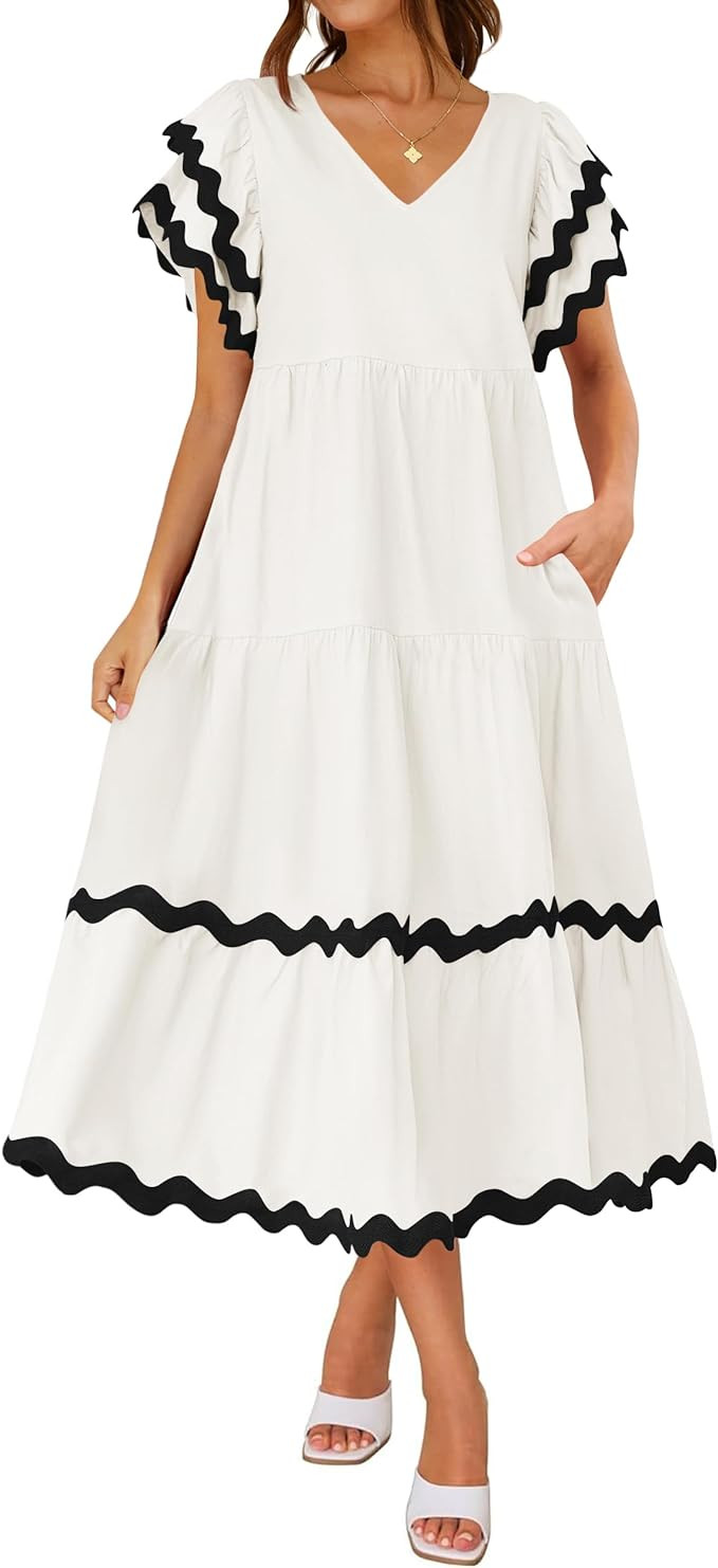 ZESICA Womens 2025 Summer Casual Midi Dresses V Neck Flutter Short Sleeve Ruffle Tiered A Line Fl... | Amazon (US)