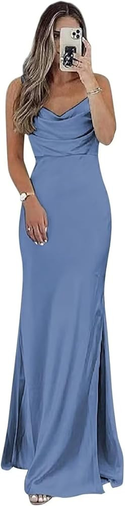Satin Bridesmaid Dress for Women Spaghetti Straps Slit Prom Dress Formal | Amazon (US)