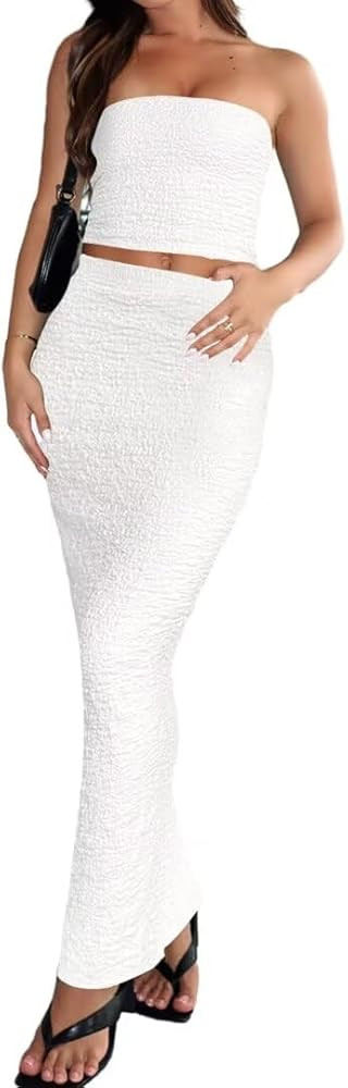 Womens Two Piece Outfits Summer Sleeveless Y2k Tube Tops Bodycon Long Maxi Skirt Set | Amazon (US)