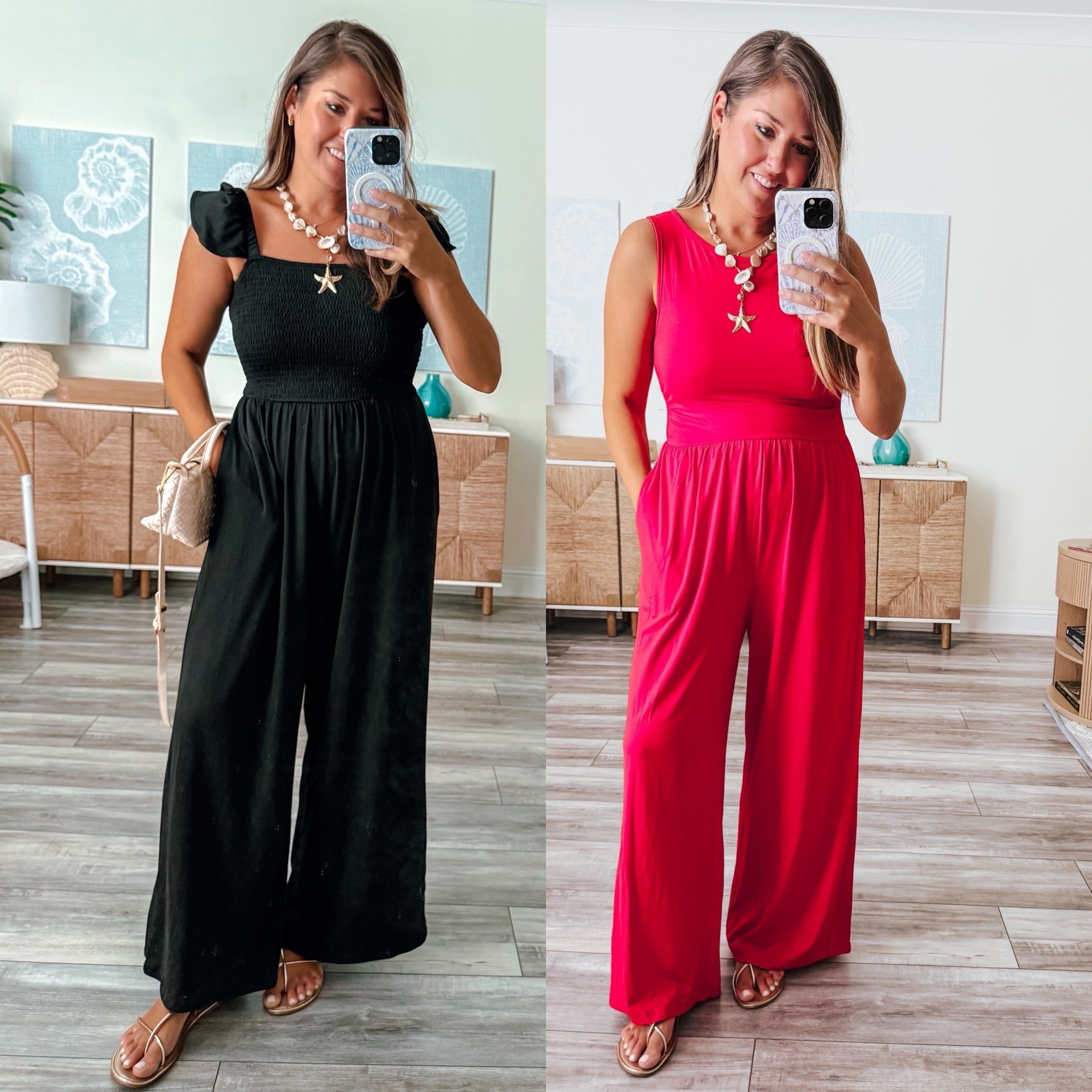 Elevated jumpsuits, travel outfits, casual workwear, dress up or down, summer jumpsuits 

Wearing medium